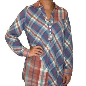 Soft Surroundings La Pass Blue Red Plaid Button Collar Tunic Top Long Sleeve